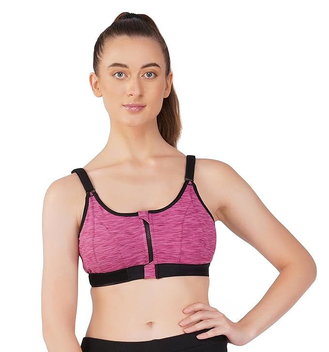 INGRID Women's Polyester Lycra Blend Non Padded Wire Free Sports Bra Full Coverage with Zip Closure and Adjustable Velcro Straps