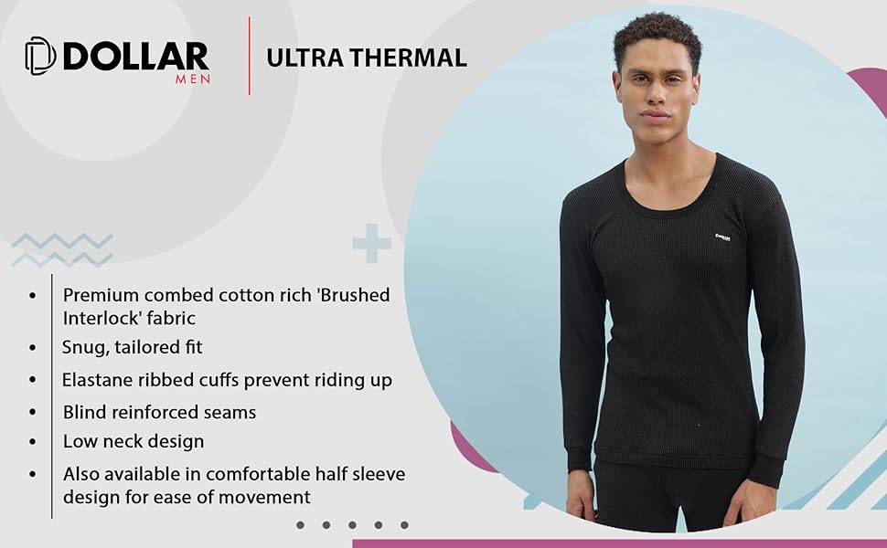Dollar Ultra Super Soft Cotton Full Sleeve Round Neck Thermal Top  for Men | Winter Inner Wear | Men's Regular Fit Cotton Rich Brushed Fabric Thermal Upper for winters Size M to XXL