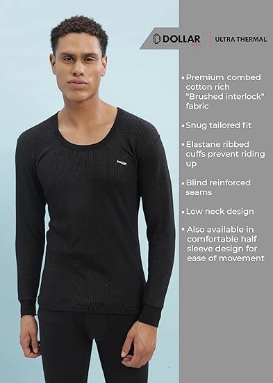 Dollar Ultra Super Soft Cotton Full Sleeve Round Neck Thermal Top  for Men | Winter Inner Wear | Men's Regular Fit Cotton Rich Brushed Fabric Thermal Upper for winters Size M to XXL