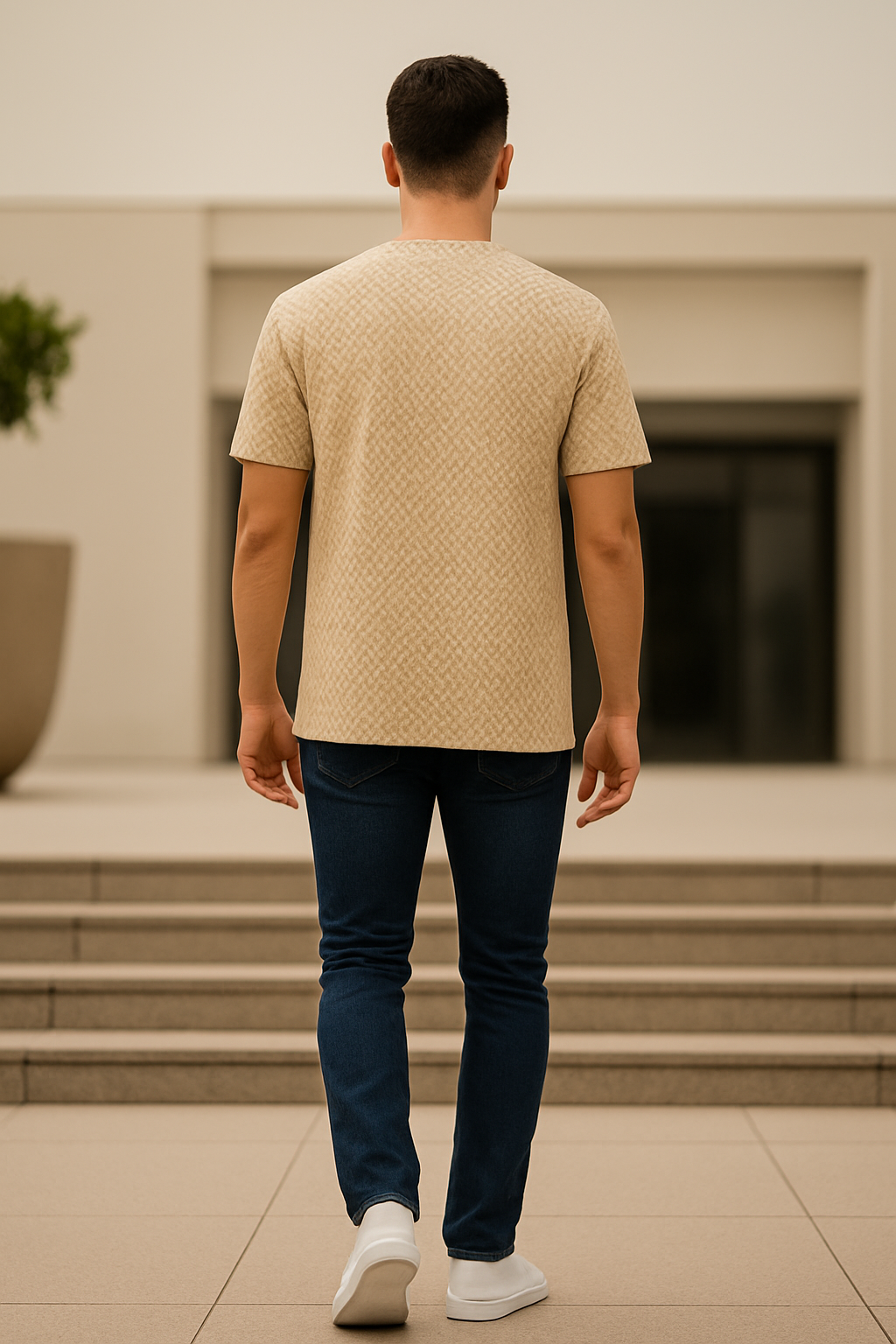 Beige Zig-Zag Printed Cotton T-Shirt for Men – Soft, Breathable & Stylish Casual Wear