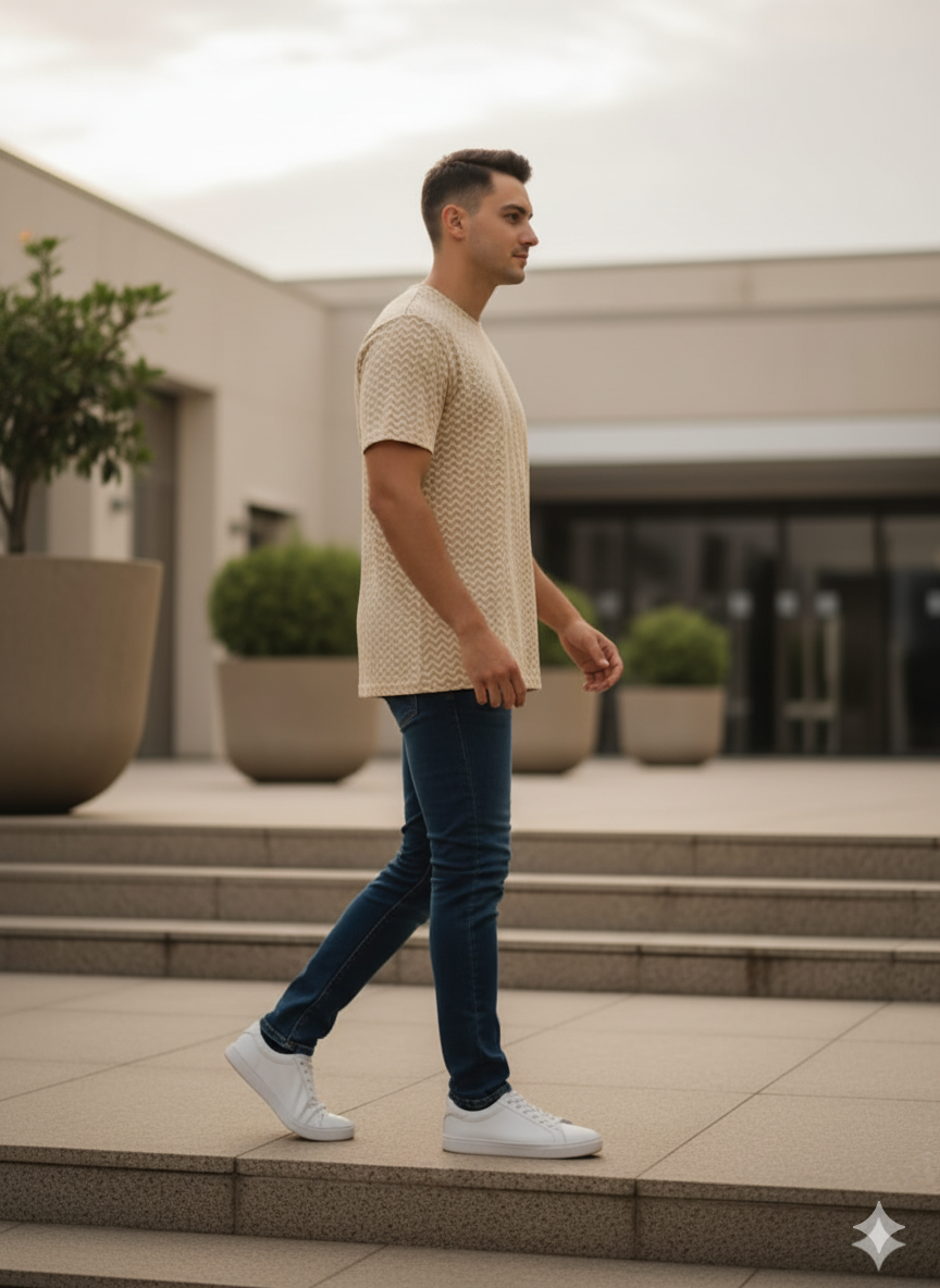 Beige Zig-Zag Printed Cotton T-Shirt for Men – Soft, Breathable & Stylish Casual Wear