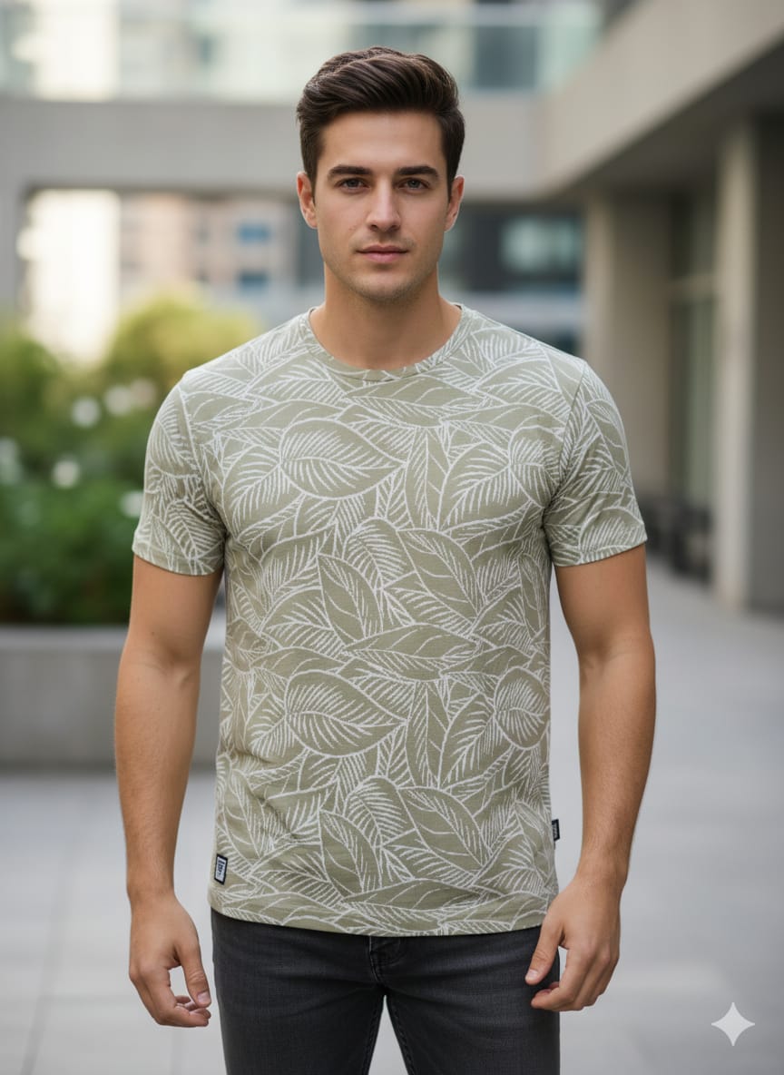 Men's Olive Green Leaf Print Short Sleeve T-Shirt: The 'Restrive' Relaxed Fit