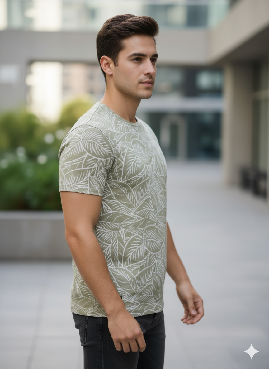 Men's Olive Green Leaf Print Short Sleeve T-Shirt: The 'Restrive' Relaxed Fit