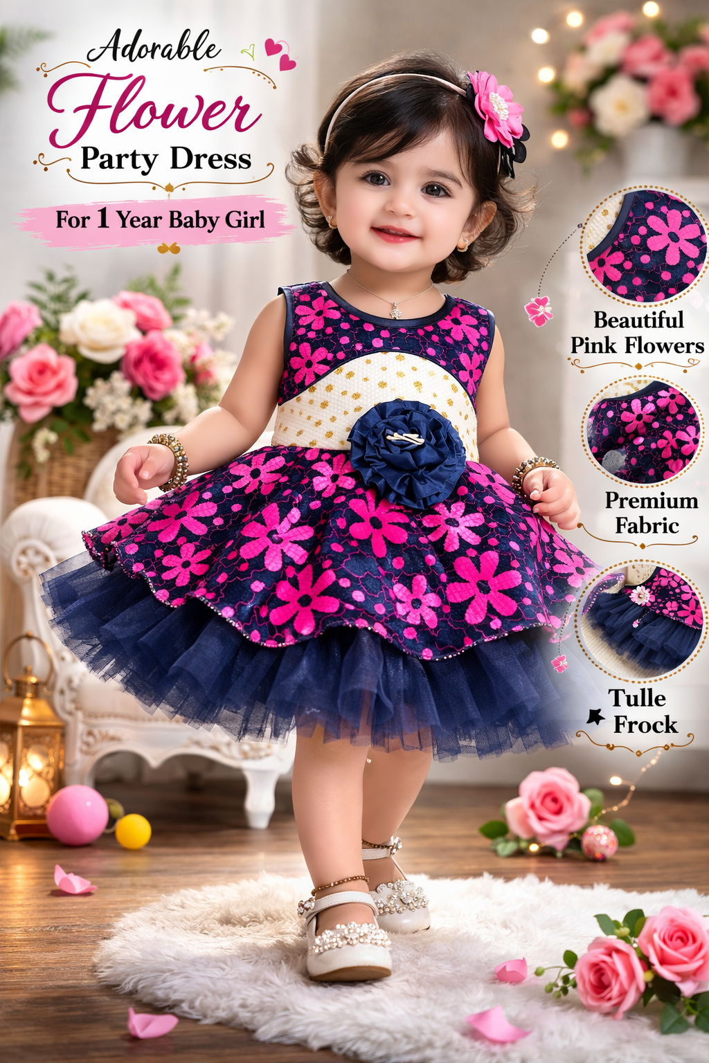 Baby Girls Navy & Pink Floral Party Wear Tulle Frock – 1 Year