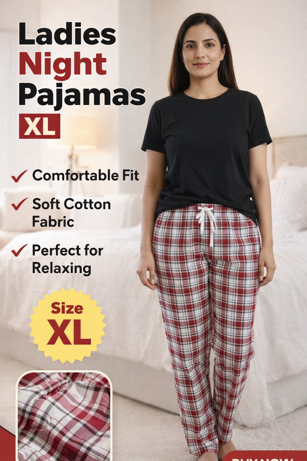Women’s Cotton Check Lower – Soft Lounge & Night Wear Pajama Pants for Women Size XL