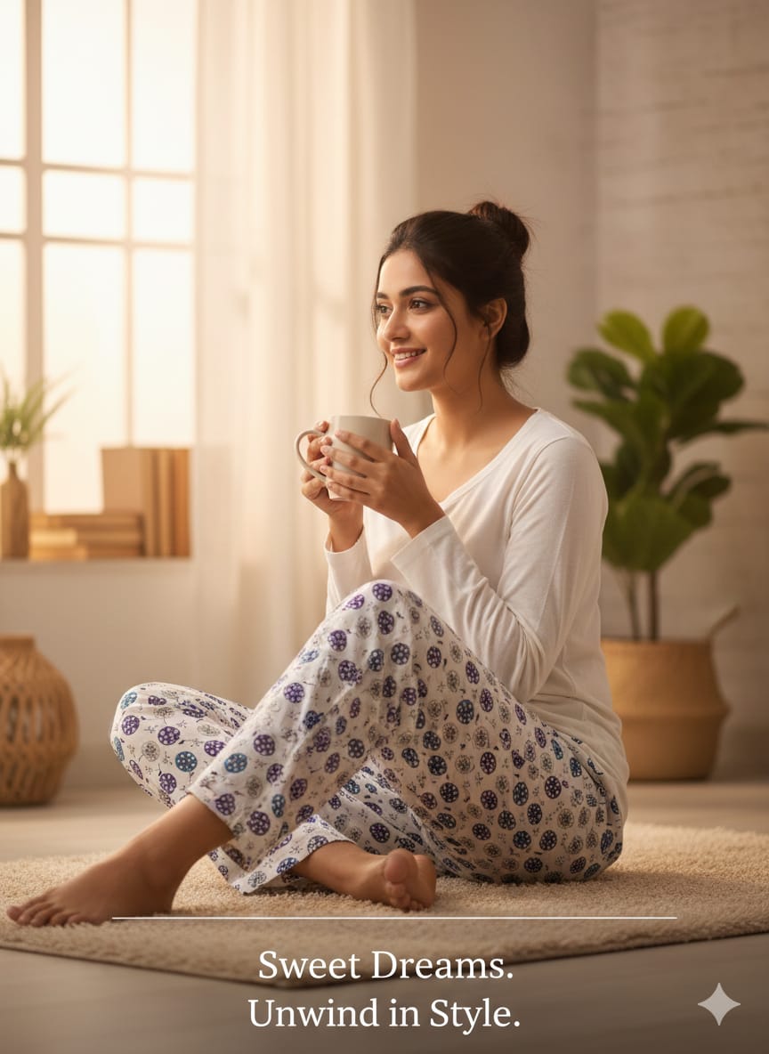 Women’s Patterned Cotton Lounge Pyjamas – Soft Printed Night & Home Wear Pants (Size M)