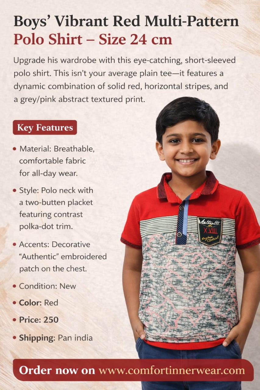 Boys Red Multi-Pattern Polo T-Shirt – Size 24 cm | Stylish Printed Kids Collar T-Shirt